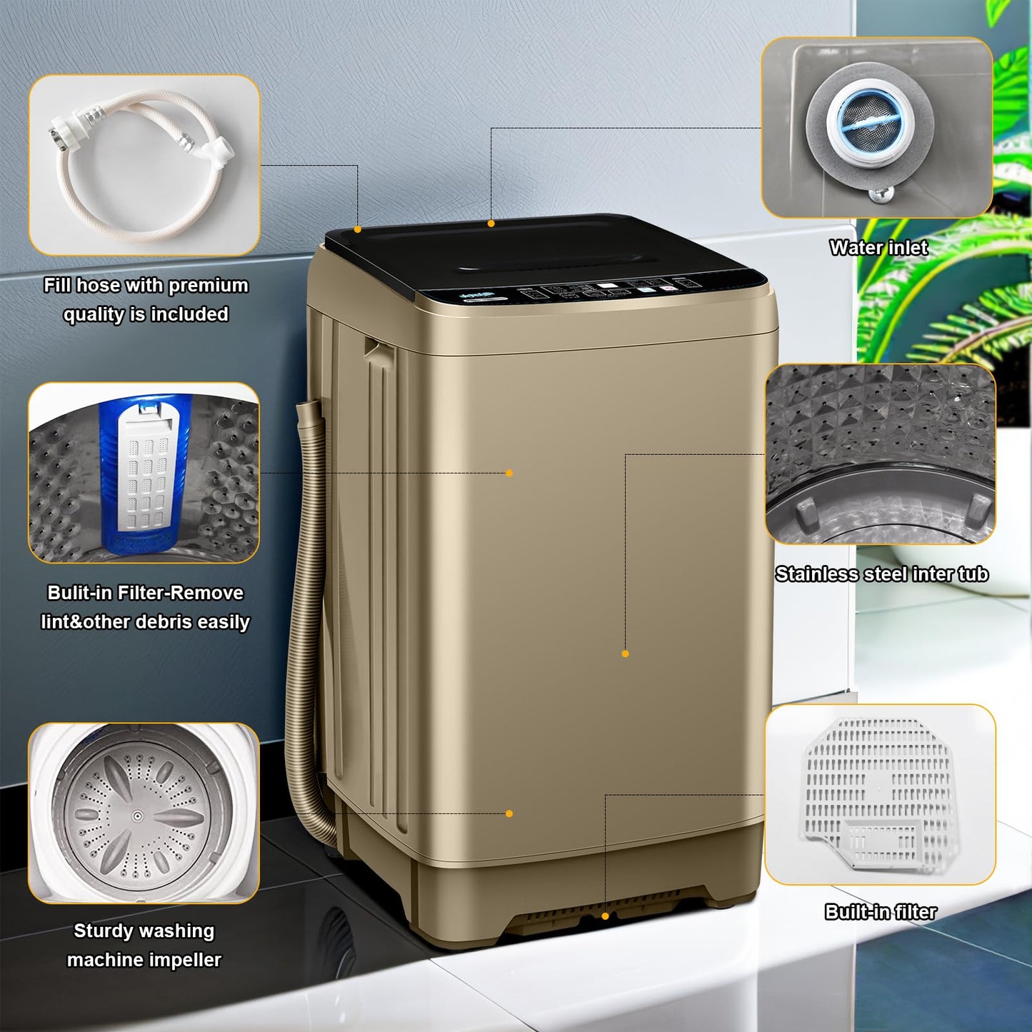 Qhou Full-Automatic Washing Machine, 15.6lbs Capacity Portable Washer, with Drain Pump, LED Display/8 Water Levels Selections/10 Programs Compact Laundry Washer for RV, Camping, Apartment, Dorm（Gold)