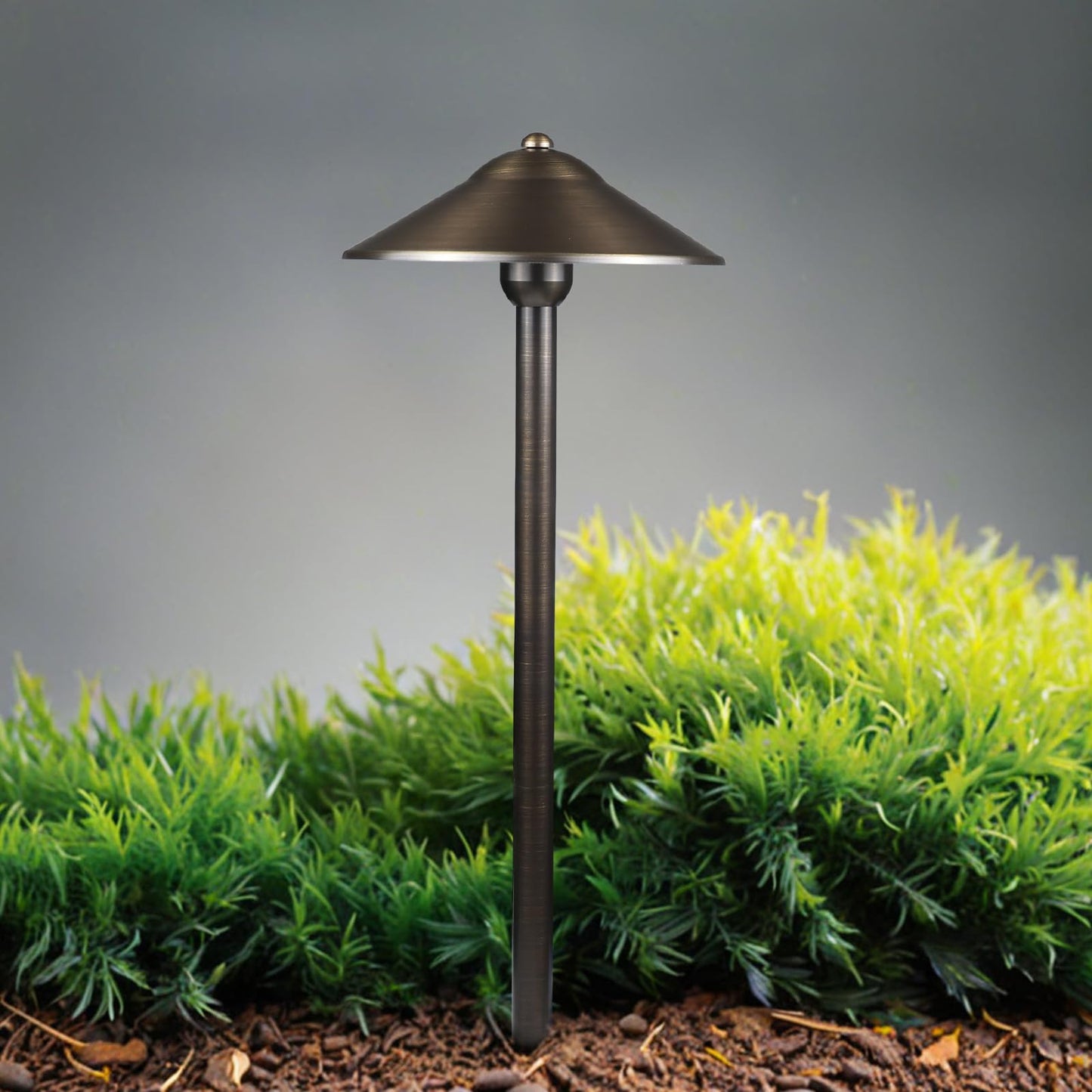 DOSHINE® Solid Brass Low Voltage Landscape Lighting Pathway Lights (9" Shade, 22" Tall) with Replaceable 3W G4 LED Bulb 3000K AC/DC 12V and Ground Stake for Outdoor Walkway Driveway (UFO, 6-Pack)