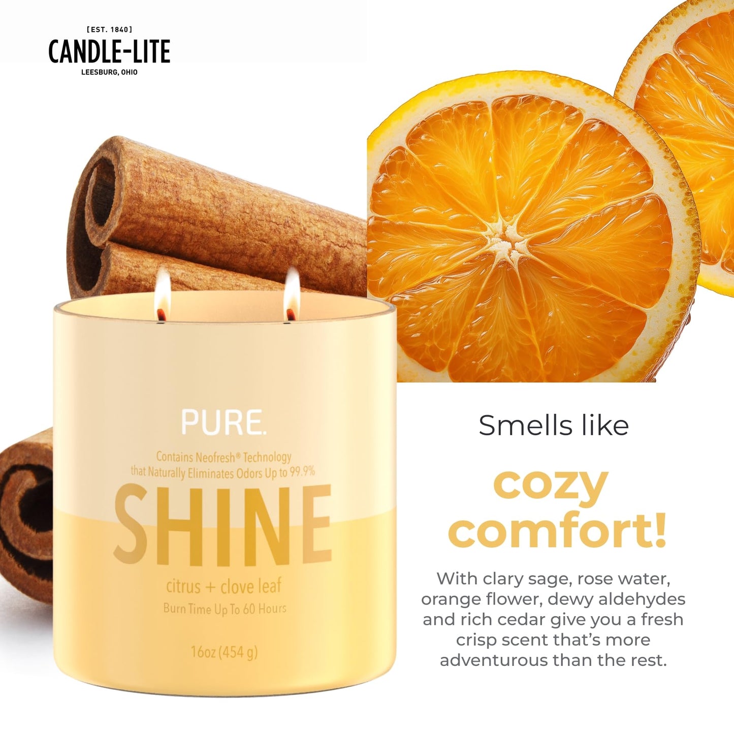 Candle-Lite Pure Citrus & Clove Leaf Odor Eliminating Scented Candles, Neofresh Technology Eliminates 99.9% of Odors, 16 oz 2-Wick Jar, Proudly Poured in The USA, Up to 60 Hours Burn Time