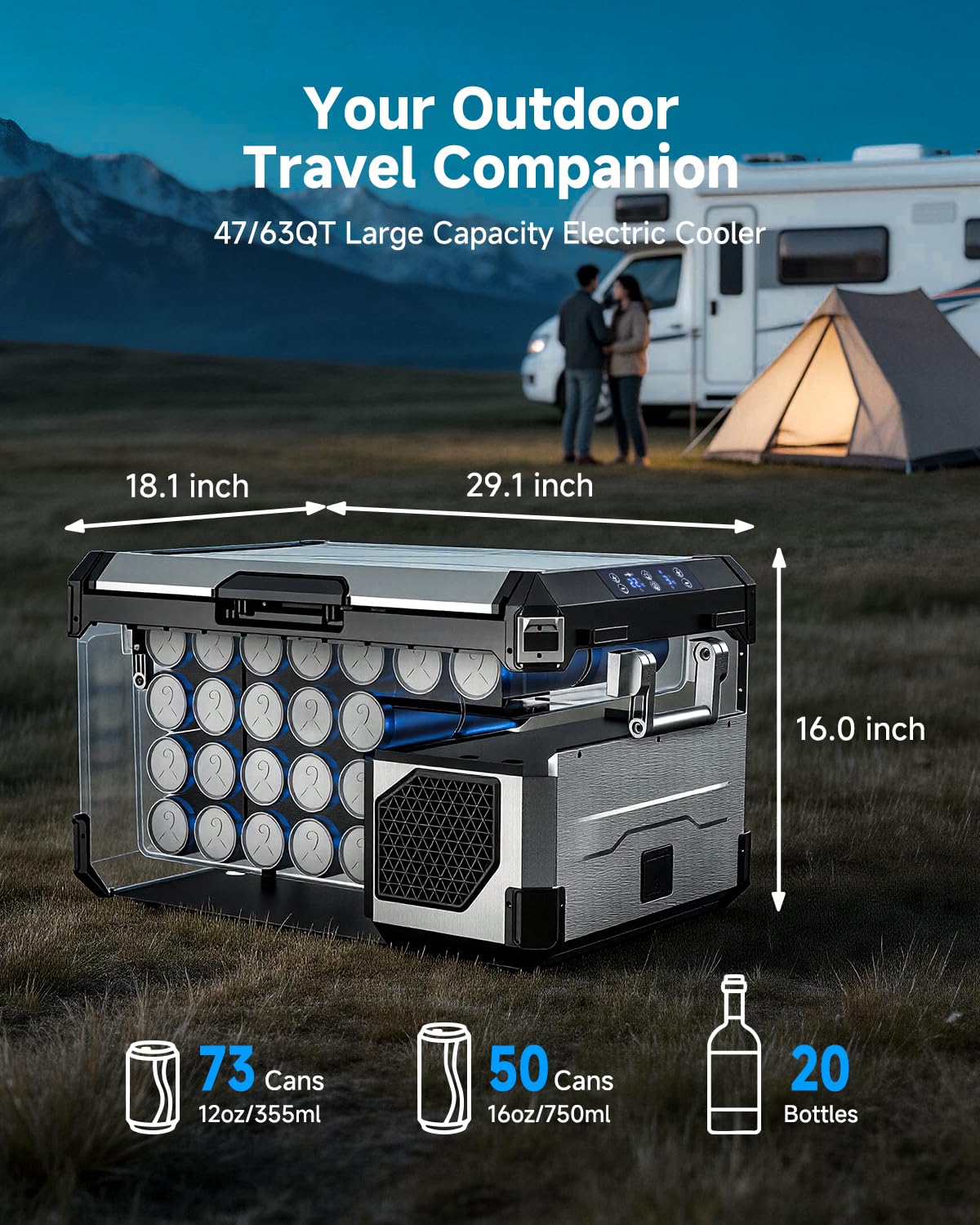 BODEGA Portable 12V Car Refrigerator, 47QT Stainless Steel Fridge with Removable Divider for Dual Zone MAX/ECO Modes & Battery Protection, Electric Cooler for RV, Truck, Camping