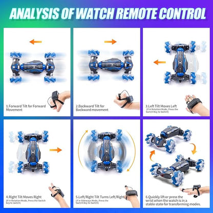 4WD Stunt Car 2.4 GHz Gesture Sensor RC Cars Double-Sided Vehicle 360° Flip RC Twist Buggy with Music Spray - Best Christmas and Birthday Present for Boys and Girls Aged 6-12 (Blue)