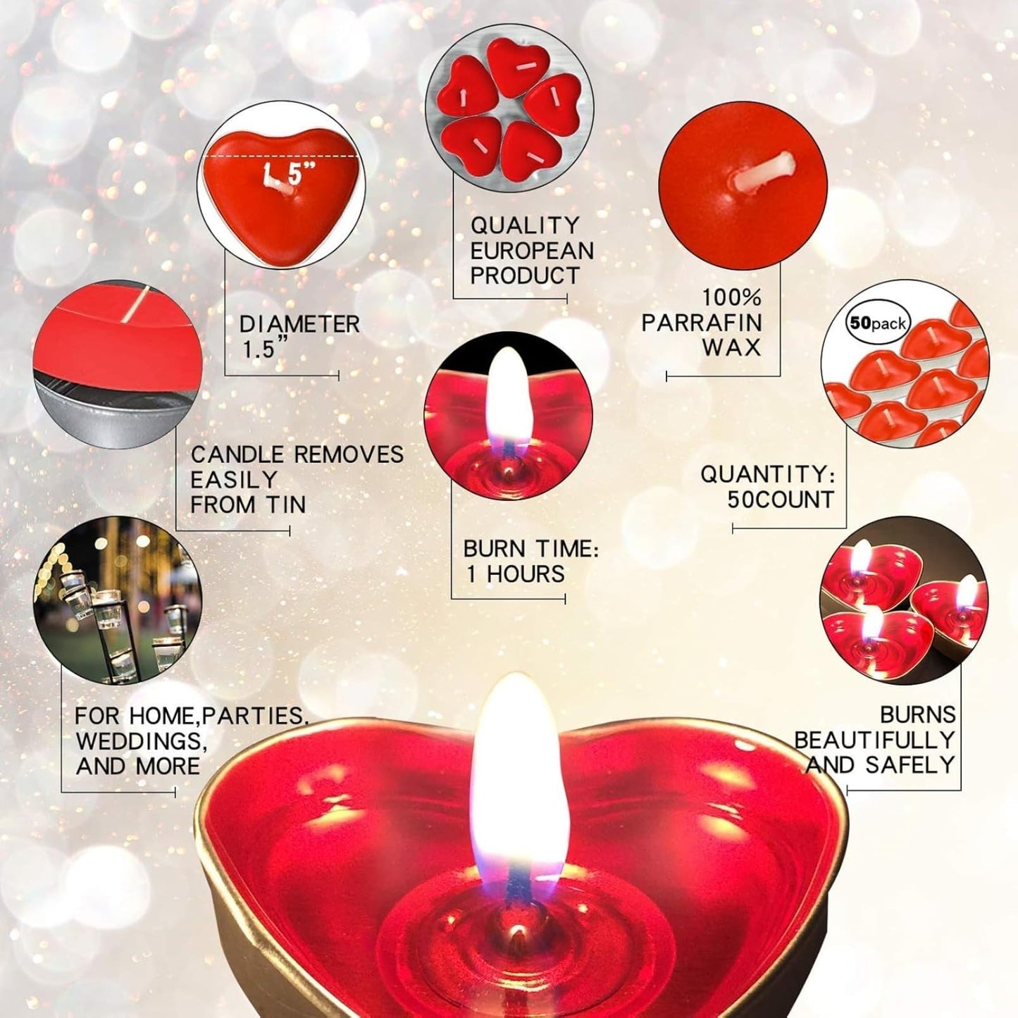 IJRPLM 50 Pack Heart Shaped Tealight Candles, Romantic Love Unscented Tea Lights Candles, Dripless & Long Lasting Smokeless, Mini Tealight Candle for Wedding Party Home Decor, Pink