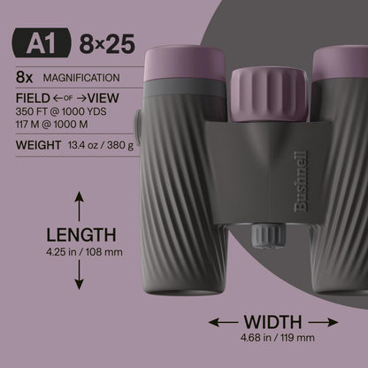 Bushnell A1 8x25 Compact Binoculars for Adults & Kids, Waterproof, Fogproof, 8X Magnification, Fully Multi-Coated Lenses & Rubber Armor - Plum Purple