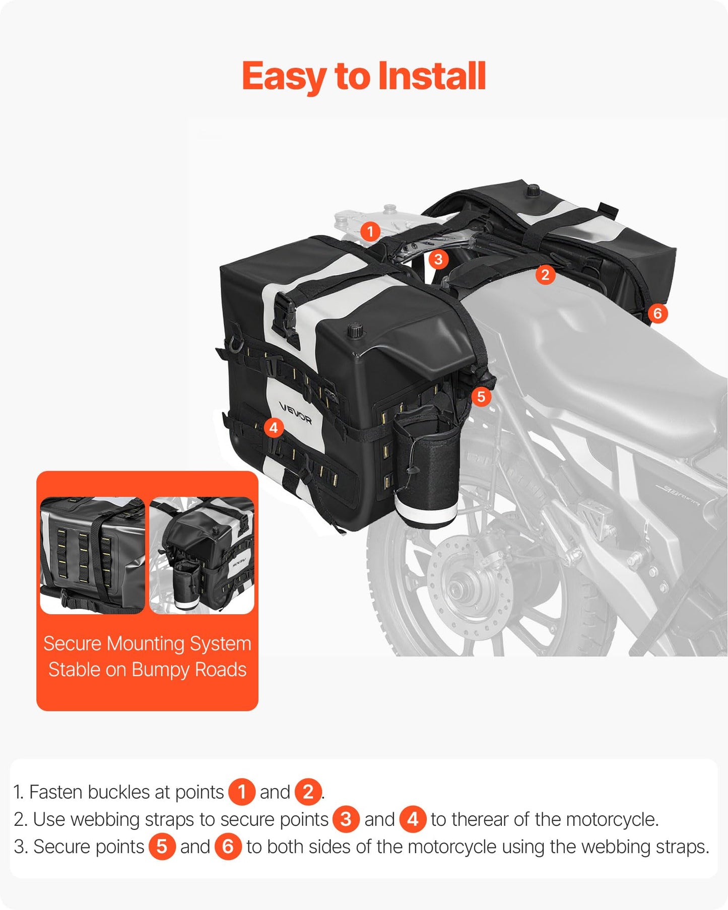 VEVOR Motorcycle Saddle Bags, 56L(28L*2) Waterproof Motorcycle Luggage Saddlebags Set of 2 with Detachable Shoulder Strap, Heavy-Duty Shoulder Bag Fit for Most Outdoor Adventure Sports Motorbike