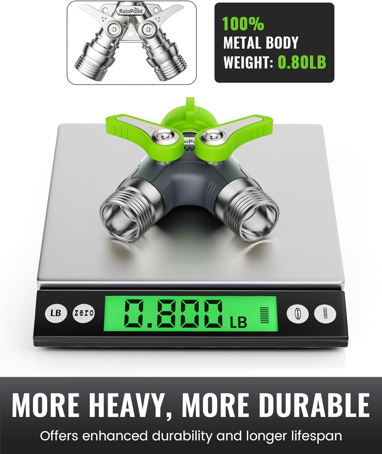 RAINPOINT Garden Hose Splitter - 2 Way Heavy Duty Y Spigot with Shutoff Valves & Metal Handle | 3/4" GHT Thread, Green