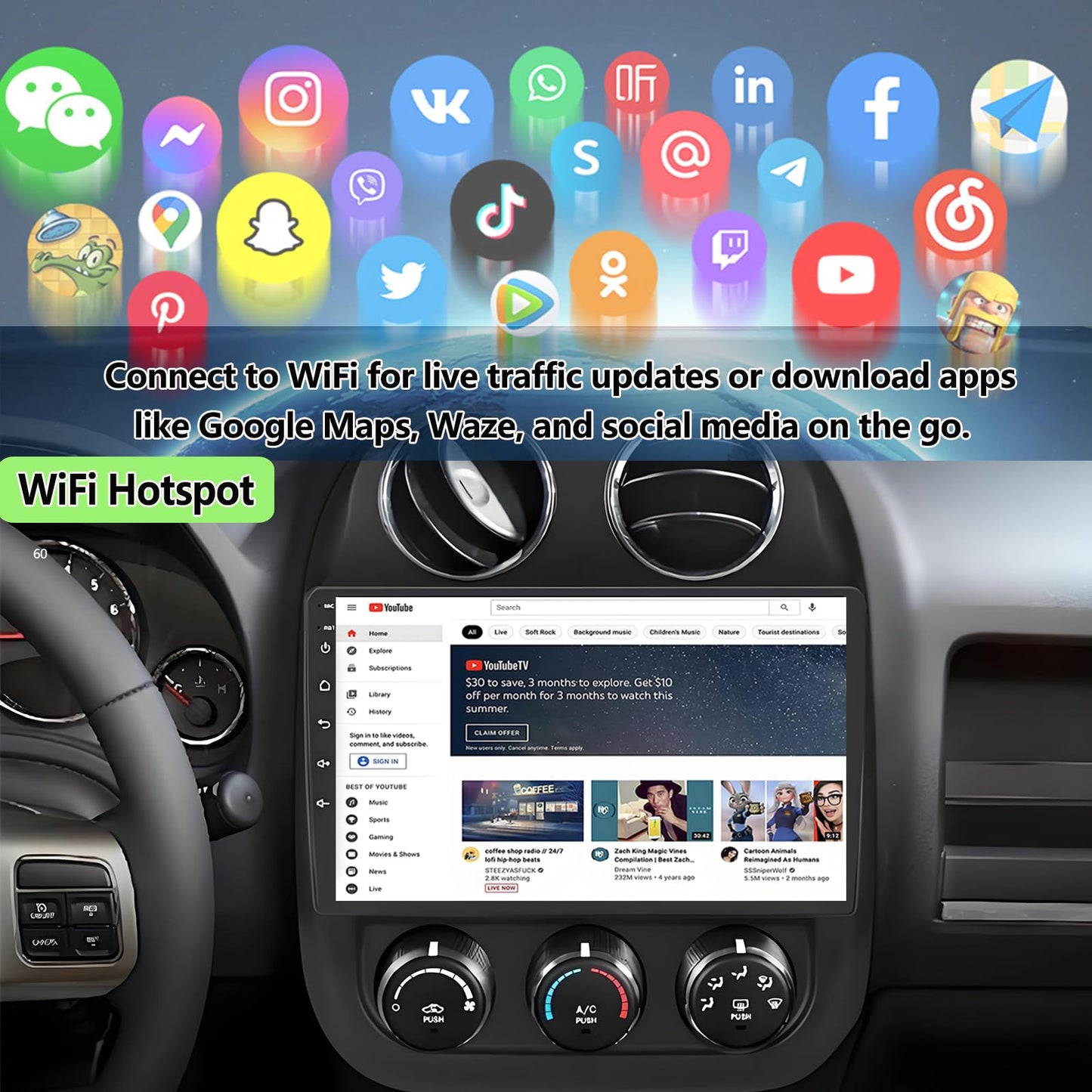 Car Radio for Jeep Patriot Compass 2010-2016: 4GB+64GB Android 14 Head Unit with Wireless CarPlay Android Auto - 10.2 inch Touchscreen Stereo GPS Navigation Bluetooth WiFi