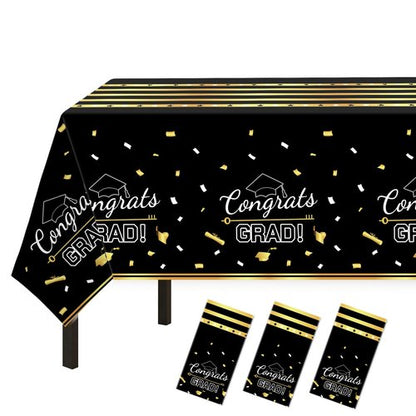 Childom 3 Pack Graduation Tablecloth,Graduation Decorations Class of 2026 Graduation Party Decorations,54"x108" Black and Gold Plastic Table Cloth Disposable Rectangle for Home,School,Party Supplies