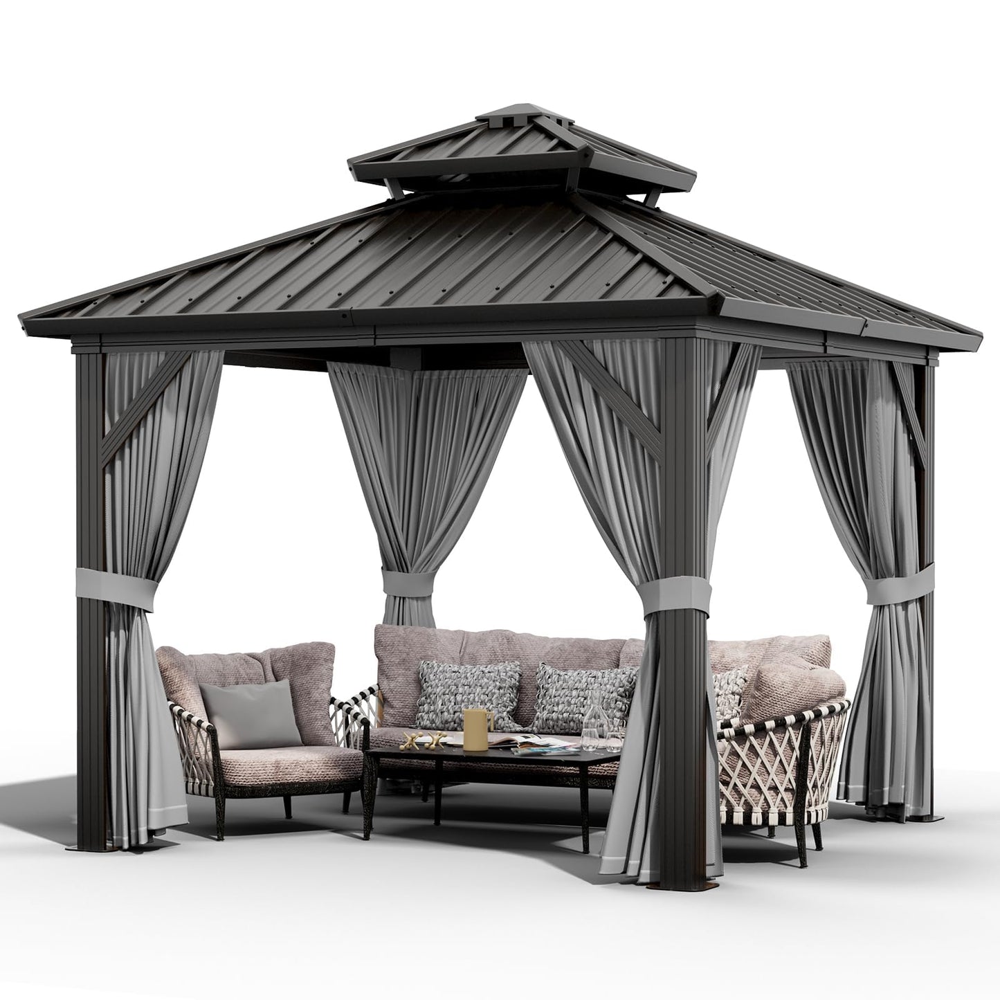 10x10 ft Double Roof Hardtop Gazebo, Heavy Duty Galvanized Steel Pavilion with Netting and Curtains, Metal Roof Patio Gazebo for Terrace, Lawn, and Deck, Gray