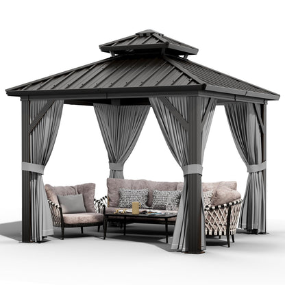 10x10 ft Double Roof Hardtop Gazebo, Heavy Duty Galvanized Steel Pavilion with Netting and Curtains, Metal Roof Patio Gazebo for Terrace, Lawn, and Deck, Gray