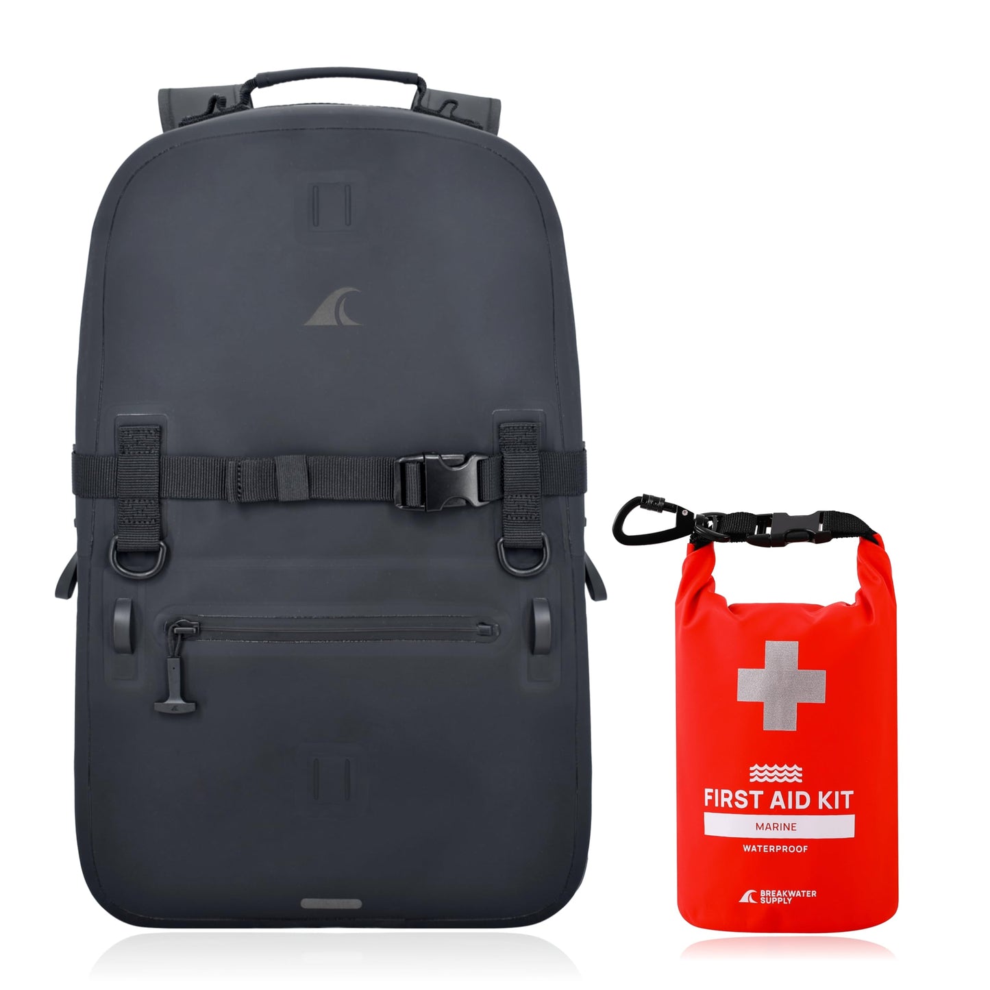 Breakwater Supply Waterproof Preparedness Pack, IP68 Submersible Airtight Backpack and Waterproof Marine First Aid Kit for Boating, Fishing, Kayaking (Fogland 25L Stealth Black)