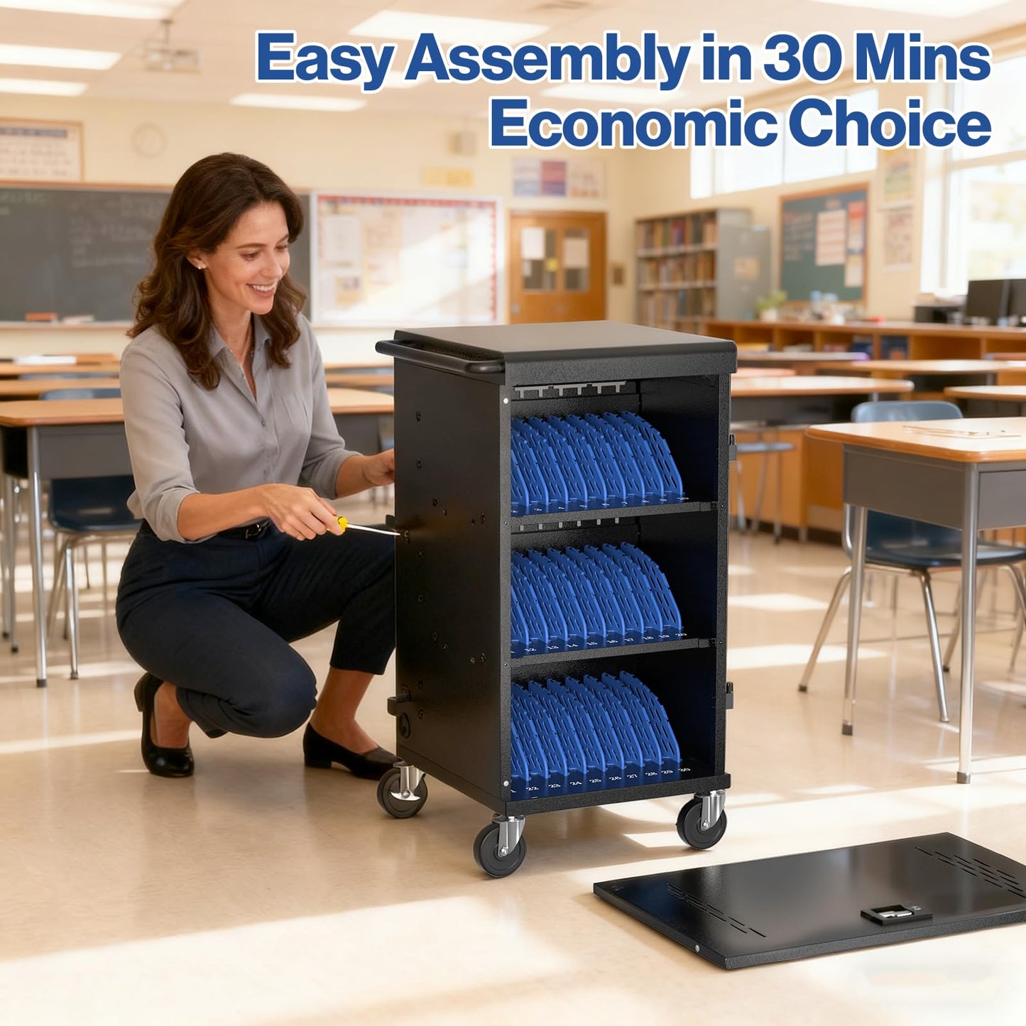 Pochar 30 Devices Laptop Charging Cart for Chromebook, iPad, 14'' Tablets - Charging Storage Cart for Classroom with Cable Management & Grounding Protection, Assembly Required