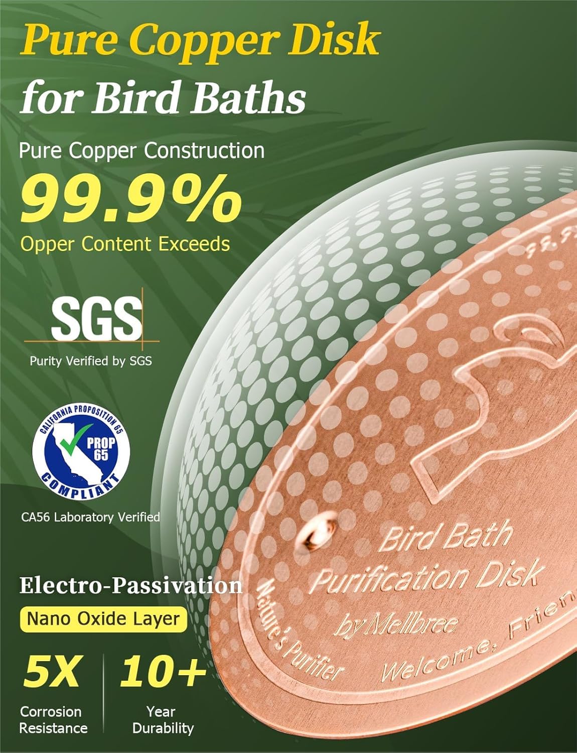 Mellbree Bird Bath Copper Disk - 0.6mm Reinforced 99.99% Pure Copper for Clean Water | All-Season Universal Fit