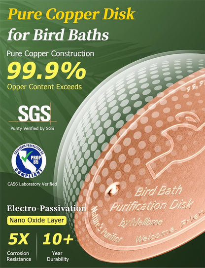 Mellbree Bird Bath Copper Disk - 0.6mm Reinforced 99.99% Pure Copper for Clean Water | All-Season Universal Fit