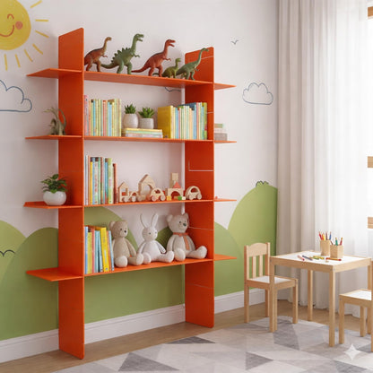 AxureM Modern 4-Tier Floating Wall Shelf, Heavy Duty Metal Bookcase, Decorative Wall Mounted Metal Shelf for Living Room, Bedroom & Office – Designer Home Decor (Orange)