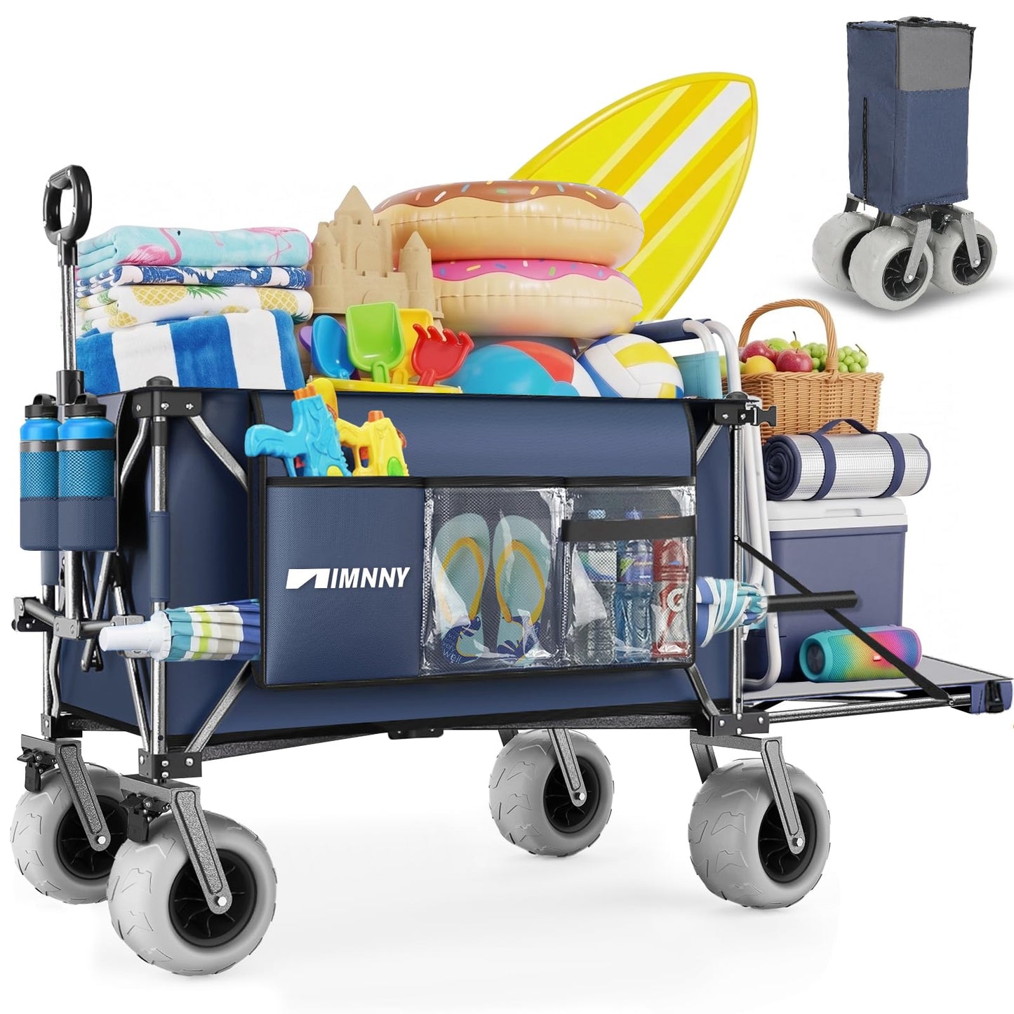 Aimnny Beach Wagon with Big Wheels for Sand, 9"x4" All-Terrain with Brakes, 300L Capacity Beach Cart with 55" Expandable Tailgate, Heavy Duty Collapsible Wagon for Camping Outdoor (Blue)