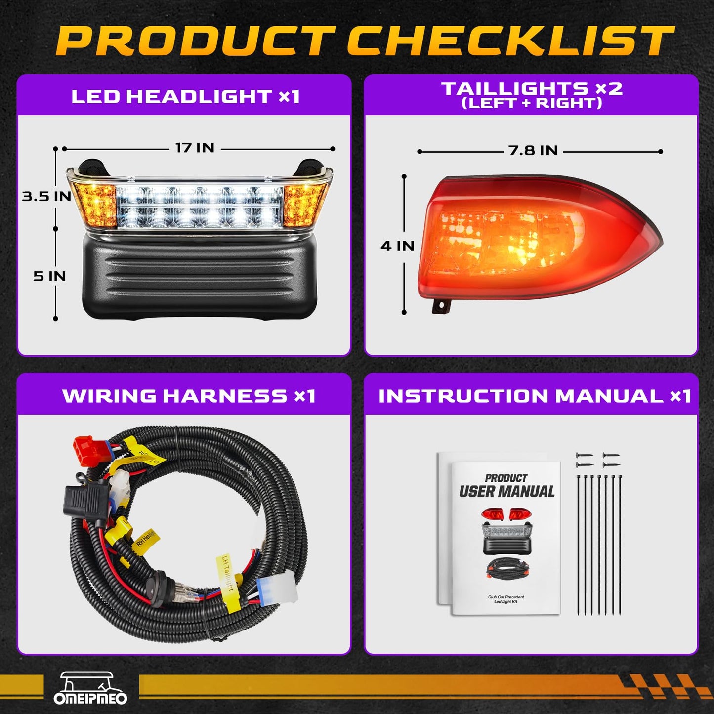Club Car Precedent Golf Cart Headlight Tail Light Kit, Golf Cart LED Light Kit for Club Car Precedent 2004-UP Electric Model, 12V Street Legal Headlight Taillights with Wiring Harness, High-Brightness