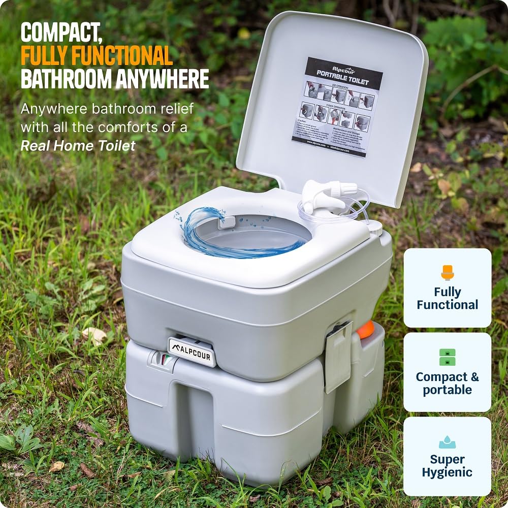 Alpcour Portable Toilet – Compact Indoor & Outdoor Commode w/Travel Bag for Camping, RV, Boat – Piston Pump Flush, 6 Gallon Waste Tank, Built-In Pour Spout & Washing Sprayer for Easy Cleaning