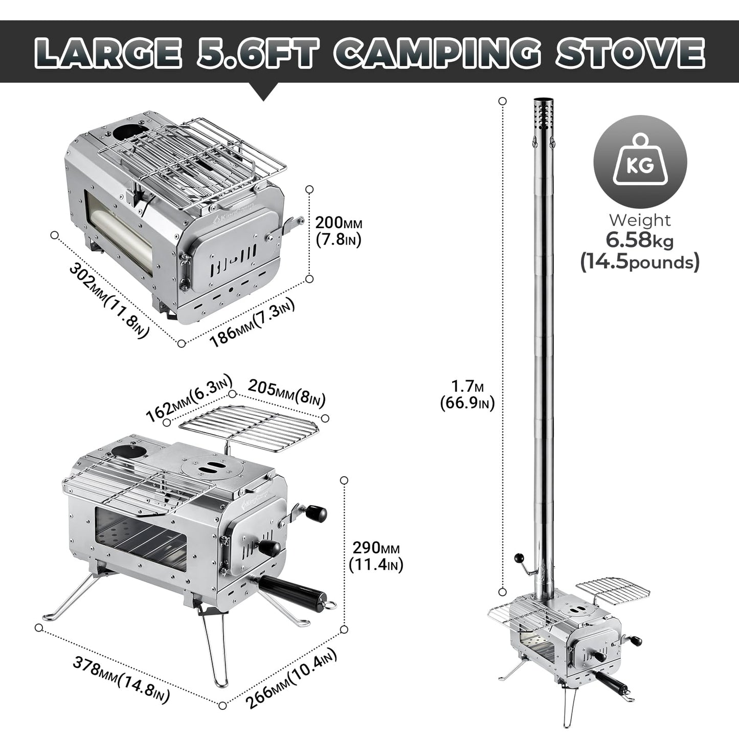 KingCamp Hot Tent Stove, Foldable Camping Stove with Large Firebox, 5.6ft Winter Camping Stove for Tent, Shelter, Cabin Heating, With Chimney Pipes, Heat Resistant Glass & Gloves for Outdoor