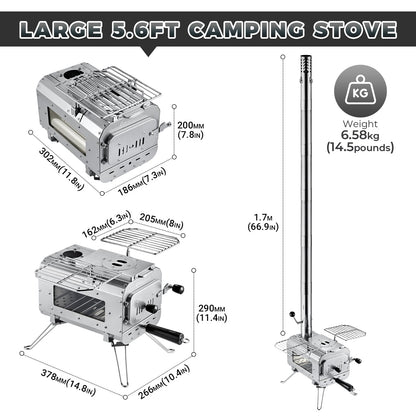 KingCamp Hot Tent Stove, Foldable Camping Stove with Large Firebox, 5.6ft Winter Camping Stove for Tent, Shelter, Cabin Heating, With Chimney Pipes, Heat Resistant Glass & Gloves for Outdoor