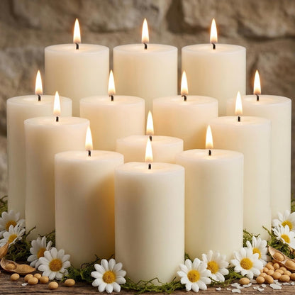 12 Pack Soy Wax Pillar Candles-2x3 Inch Small White Unscented Pillars-324 Hour Long Burning,Non-Toxic Dripless & Smokeless-Natural Soybean Candles for Wedding Centerpieces, Home Decor, Spa and Prayer