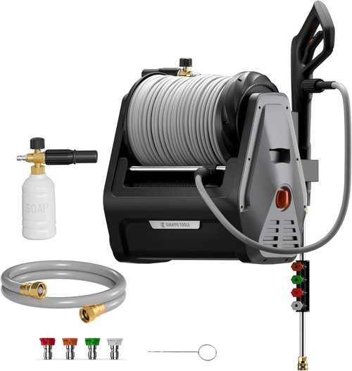 Giraffe Tools Grandfalls Electric Pressure Washer - 2900 PSI, 100ft Hose, Automatic Rewind | Dark Silver