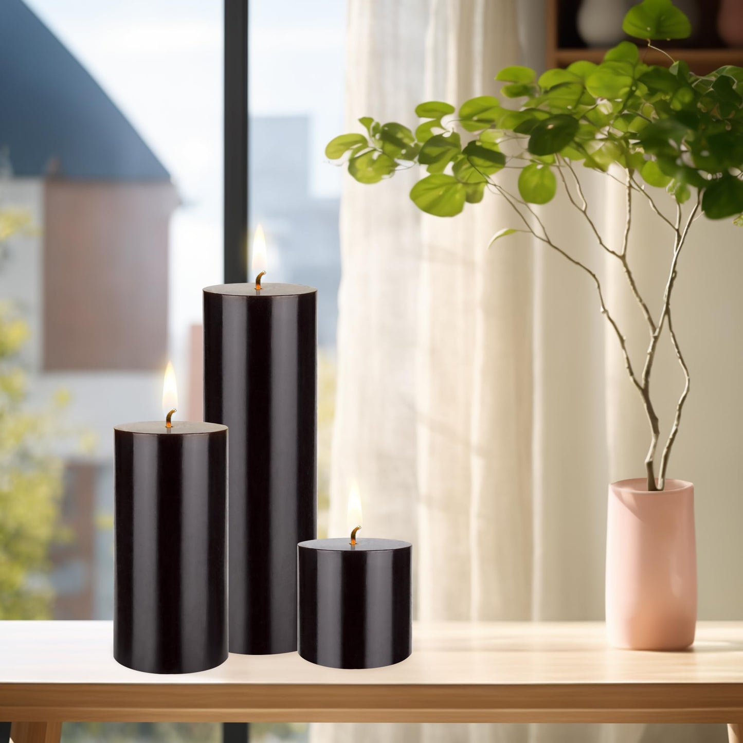 Mega Candles 3 pcs Unscented Solid Black Pillar Candles, Hand Poured Premium Wax Candle 3 Inch x 3 Inch, Home Décor, Spas, Weddings, Occasions, Party, Centerpieces, Holidays, Vigils, Prayers