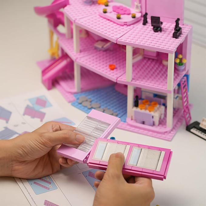 ENJBRICK Pink Music Villa with Spiral Slide 656Pcs Pop Star House Building Toy w/Piano &amp Microphone 3-Story Friends Cottage Compatible with Lego Birthday for Girls 8-12