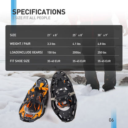 G2 25 Inches Orange Light Weight Snowshoes for Women Men Youth, Set with Trekking Poles, Tote Bag, Special EVA Padded Ratchet Binding, Heel Lift, Toe Box