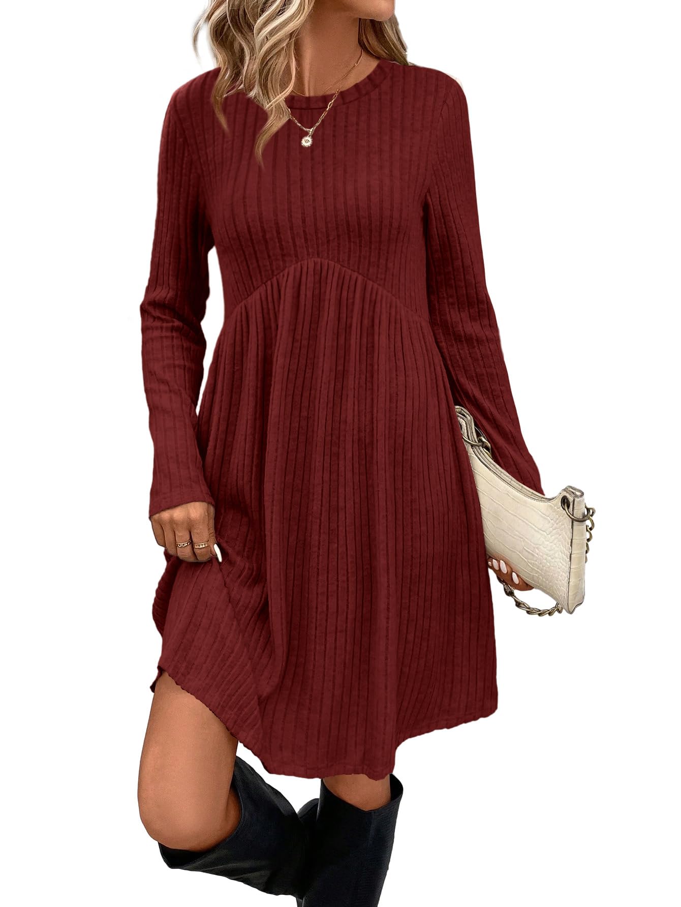 OFEEFAN Long Sleeve Dress for Women Crew Neck Empire Waist Tunic Dress with Pockets