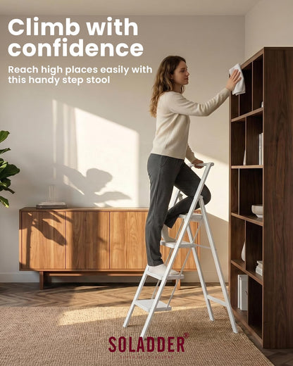 SOLADDER 4 Step Ladder with Handrails, Anti-Slip and Foldable Step Stool with Widen Pedals, Portable Stepladders for Home, Kitchen and Indoor, Space Saving, Iron Material, 300lbs, White