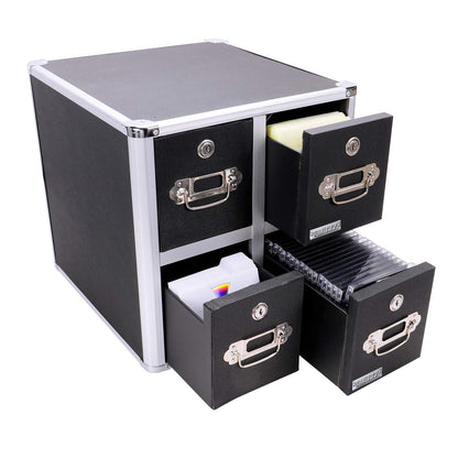 Vaultz CD Case Holder - File Cabinet CD Rack w/ 4 Drawers and Key Locks, 14 x 14.5 x 15.5 Inch DVD Organizer and CD Storage Box - Black