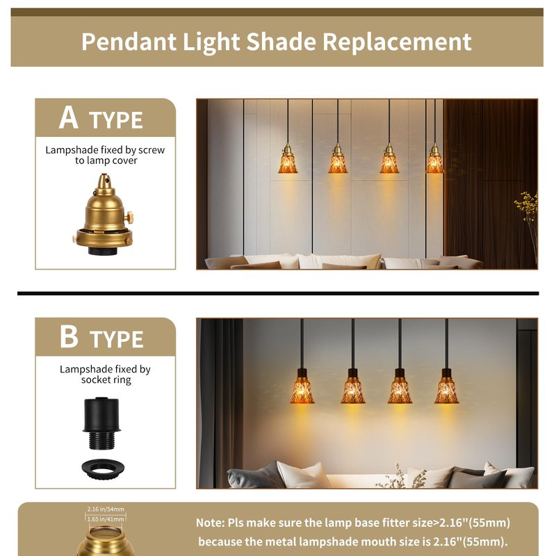Pendant Light Shades, 4 Pack Ceiling Fan Light Shade Replacements with 1-5/8" Fitter, ALUCSET 4.72" Height 4-3/4" Diameter, Metal Bell Shaped Cover for Chandelier Wall Sconces,Yellow Brass&Gold Plated