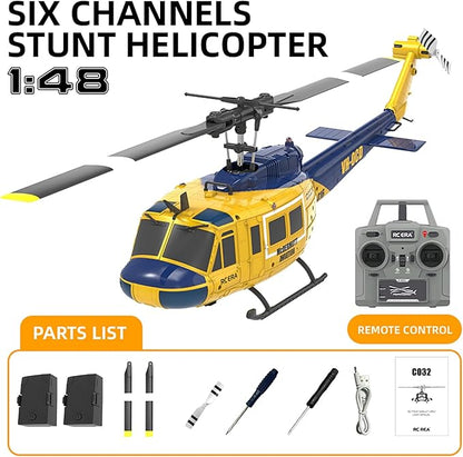 315MM UH-1 Remote Control Helicopter Aircraft for Adults Expert 6CH C032 RC Heli Maintain Altitude Brushless Motor/Optical Flow Positioning/Fly Upside Down 3D Rolling (RTF Yellow 2Battery)