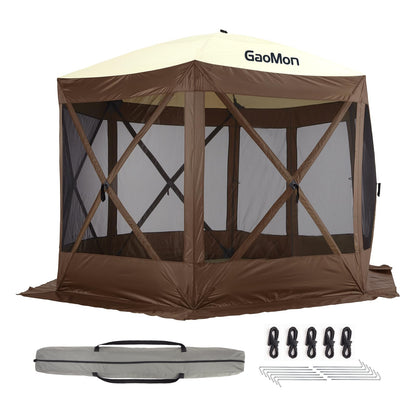 GAOMON 12x12ft Camping Gazebo, Portable Pop Up Canopy Screen Tent 6 Sided with Mesh Windows and Carry Bag for Camping, Outdoor, Picnic, Backyard Party Outside Activities, Gray