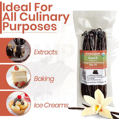 50 Madagascar Organic Vanilla Beans Grade B. Certified USDA Organic. 5"-7" by FITNCLEAN VANILLA for extract, Cooking and Baking. Whole NON-GMO Bourbon Pods