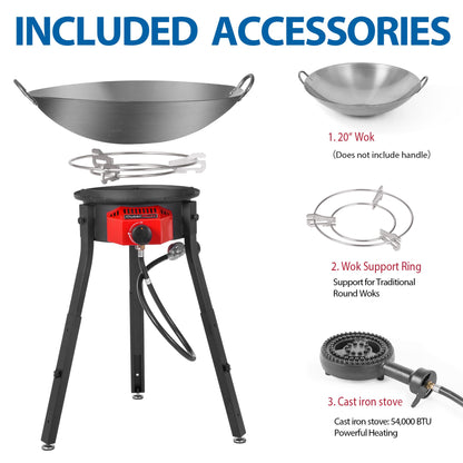 Outdoor Cooker with Iron Wok and Propane Burner, 54,000 BTU High-Pressure Gas Stove with Electronic Ignition & Adjustable Support Stand for Backyard BBQ, Tailgating, Outdoor Cooking