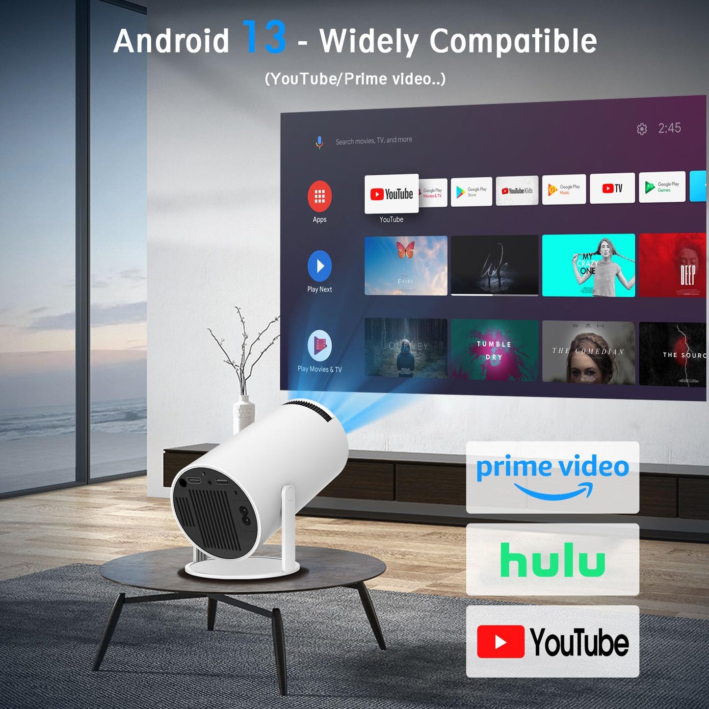 Mini Projector, HY300 PRO Portable Projector, Support 4K 1080P with Dual-Band WIFI6 5G Wireless 5.2 Bluetooth Android 11, 180° Rotatable, Auto Keystone Correction, 35"-130" Screen Video Projector
