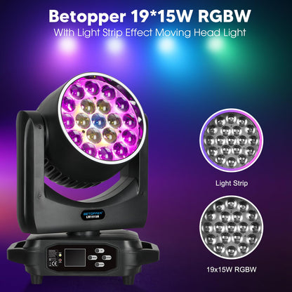 BETOPPER Moving Head Light,19x15W RGBW with Light Strip Effect Moving Head Stage Spotlight,Lightweight Disco DJLight for Party Wedding Club Bars Show（1）