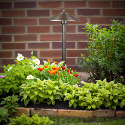 DOSHINE® Solid Brass Low Voltage Landscape Lighting Pathway Lights (9" Shade, 22" Tall) with Replaceable 3W G4 LED Bulb 3000K AC/DC 12V and Ground Stake for Outdoor Walkway Driveway (UFO, 6-Pack)