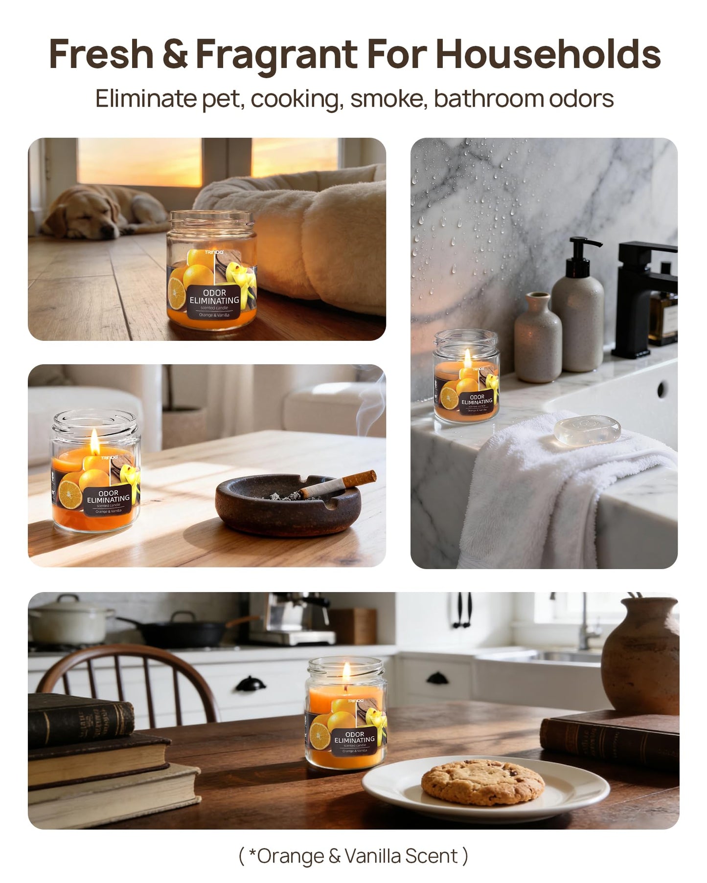 TRINIDa Orange & Vanilla Odor Eliminating Candles for Home Scented, Eliminates 99% of Pet, Smoke, Food and Other Smells Quickly, Highly Fragranced Candle, Premium Soy Candles Set for Women