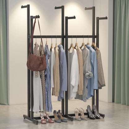 WTPLWD Black Clothes Rack with 6 Straight Arms, Metal Clothing Rack for Hanging Clothes, Freestanding Garment Rack Heavy Duty, 46" to 63" Adjustable Height Retail Clothing Rack for Boutiques Display