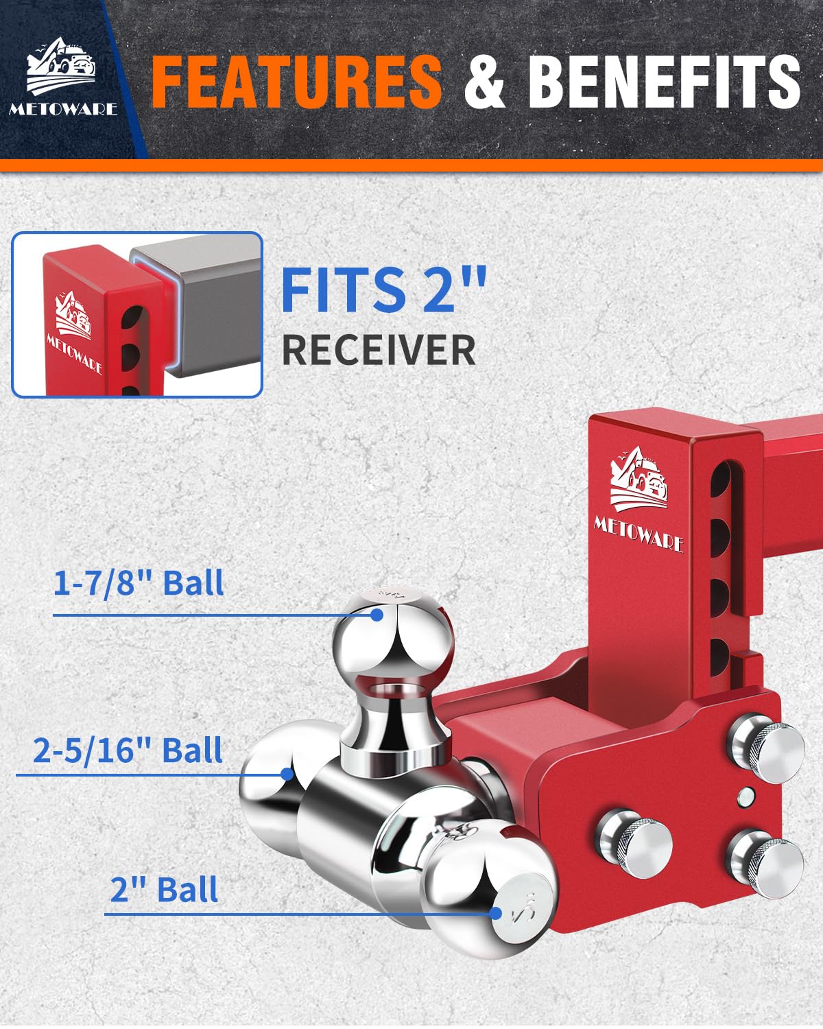 METOWARE Adjustable Trailer Hitch for 2" Receiver - 14,000 LBS GTW Heavy Duty Drop Hitch, 4" Drop/Rise, Tri-Ball (1-7/8" 2" 2-5/16") STOWABLE & Secure Design with Anti-Theft Hitch Lock, Red