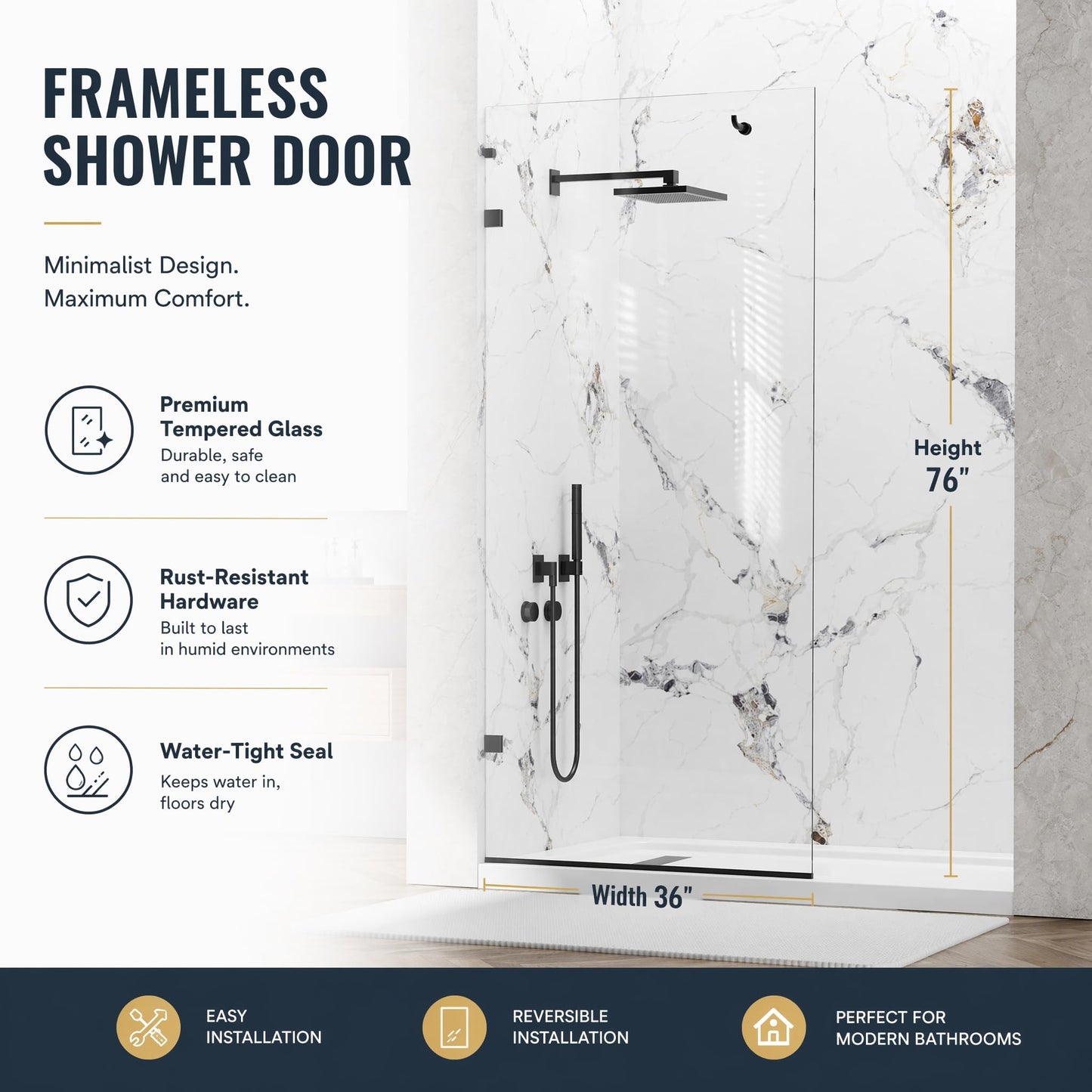 YTTSOYTS Premium Shower Screen 36"×76" Frameless Shower Glass Panel, 3/8'' (10mm) Fixed Glass Shower Panel, Tempered Glass Door Easy Clean Coating, Bathroom Shower Screen with Hook (Matte Black)