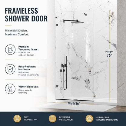 YTTSOYTS Premium Shower Screen 36"×76" Frameless Shower Glass Panel, 3/8'' (10mm) Fixed Glass Shower Panel, Tempered Glass Door Easy Clean Coating, Bathroom Shower Screen with Hook (Matte Black)