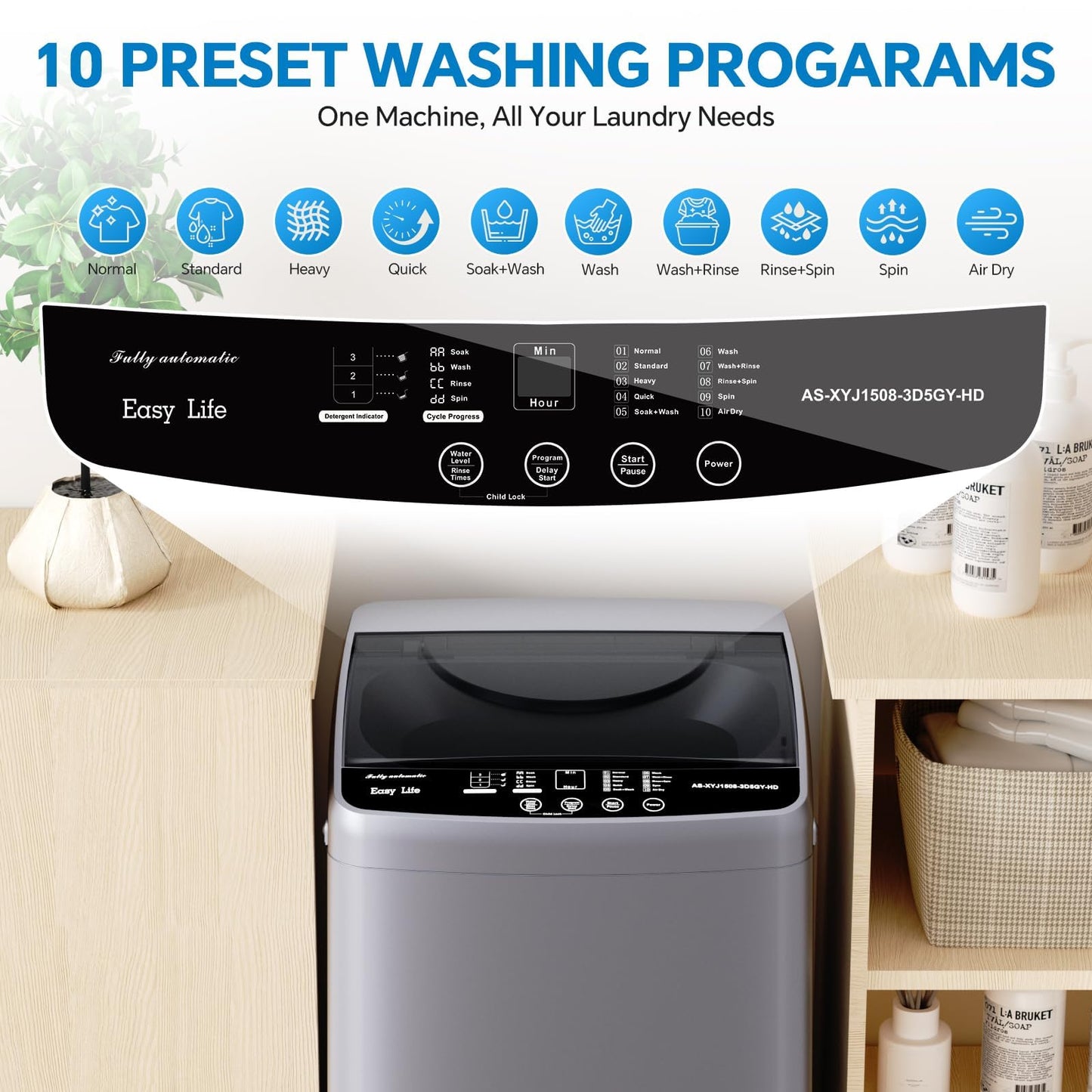 Portable Washing Machine, 7.7LBS Full-Automatic, 10 Wash Cycles, Stainless Steel Drum, Quiet Compact Washer for Apartment, Dorm, RV, Grey
