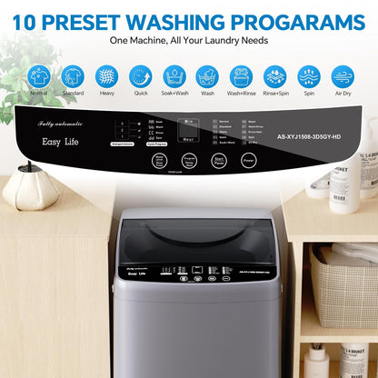 Portable Washing Machine, 7.7LBS Full-Automatic, 10 Wash Cycles, Stainless Steel Drum, Quiet Compact Washer for Apartment, Dorm, RV, Grey
