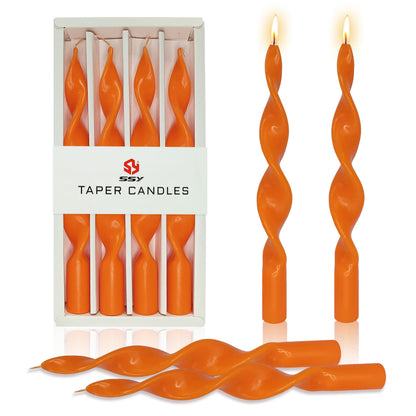 Orange Taper Candles Set of 4, 10 Inch Unscented Spiral Candle Sculptural Design, Twisted Candles Handmade Candle Sticks for Wedding Dinner Home Decor Gift