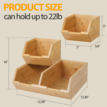 Pantry Storage Bins 3-Pack, Stackable Bamboo Containers for Potato & Onion Storage, Kitchen Organization & Decor (3pcs)