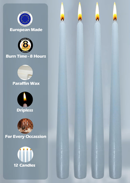 Hyoola Tall Taper Candles - 10 Inch Ice Blue Unscented Dripless Taper Candles - 8 Hour Burn Time - 12 Pack