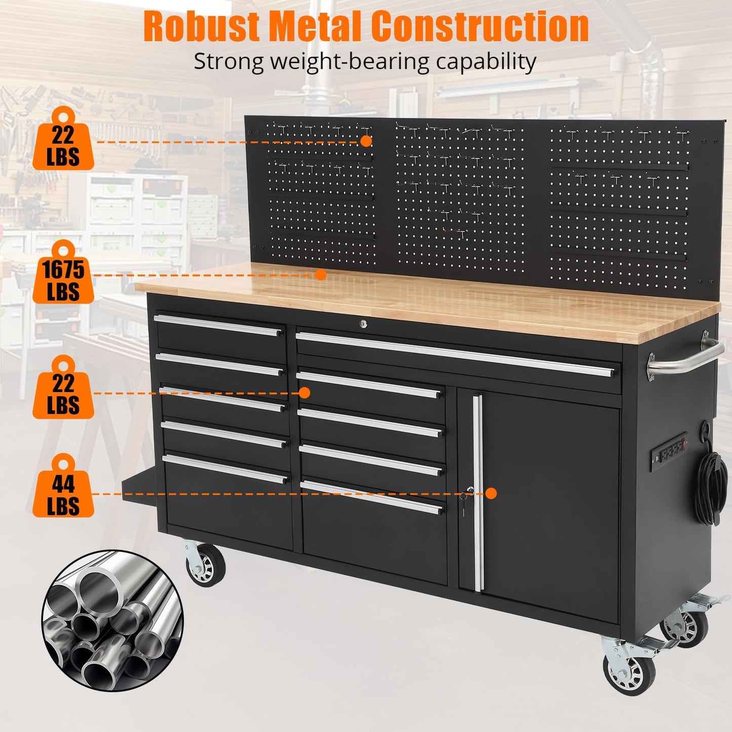 61-Inch Heavy Duty Rolling Tool Chest with 10 Drawers and Solid Rubber Wood Top Mobile Workstation, 1675 LBS Load, Includes Power Strip, Locking System, Drawer Liners for Garage Warehouse Repair Shop